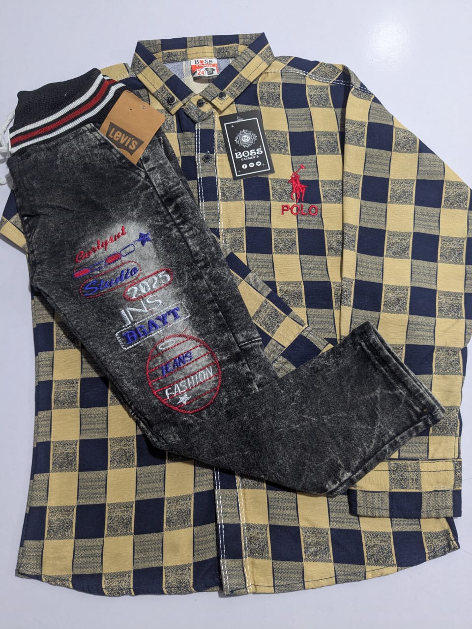 Black Jeans and Yellow-Blue Check Shirt