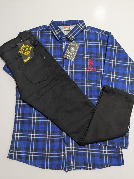 Black Pant and Blue Check Shirt